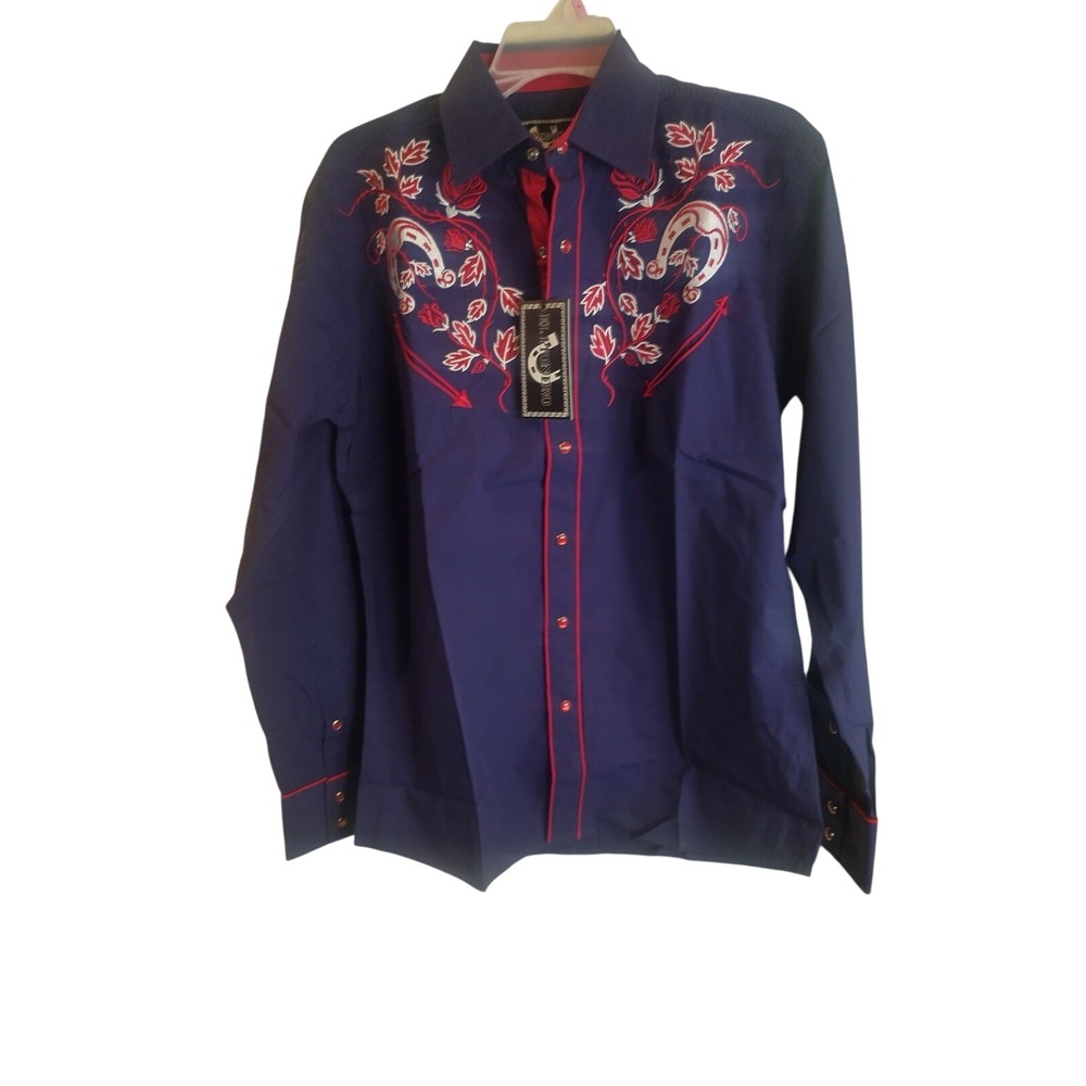 El Pionero Mens Small Navy Blue Western Snap Shirt Floral Horseshoe Embroidery